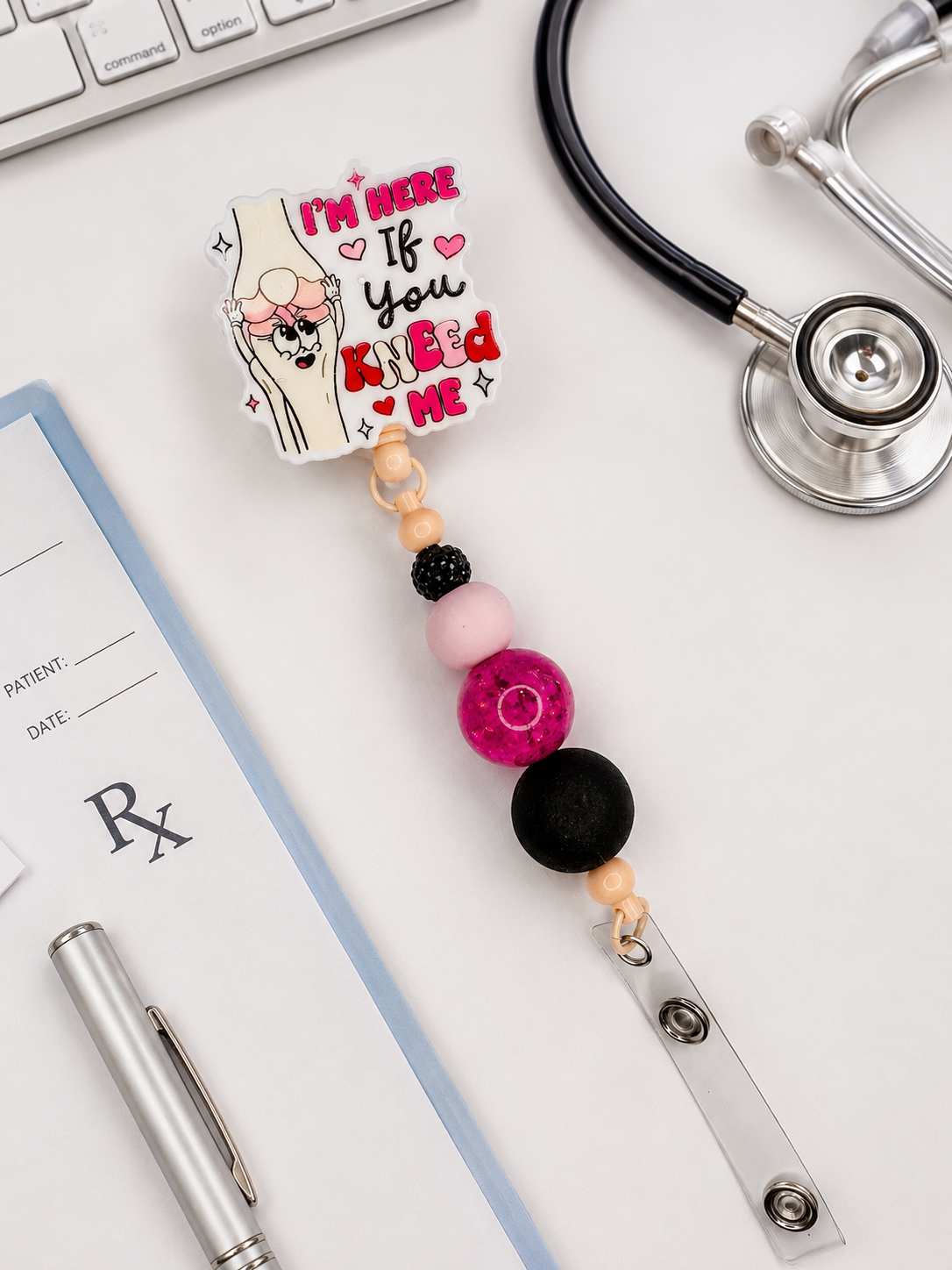 I'm Here If You Kneed Me Beaded Badge Reel