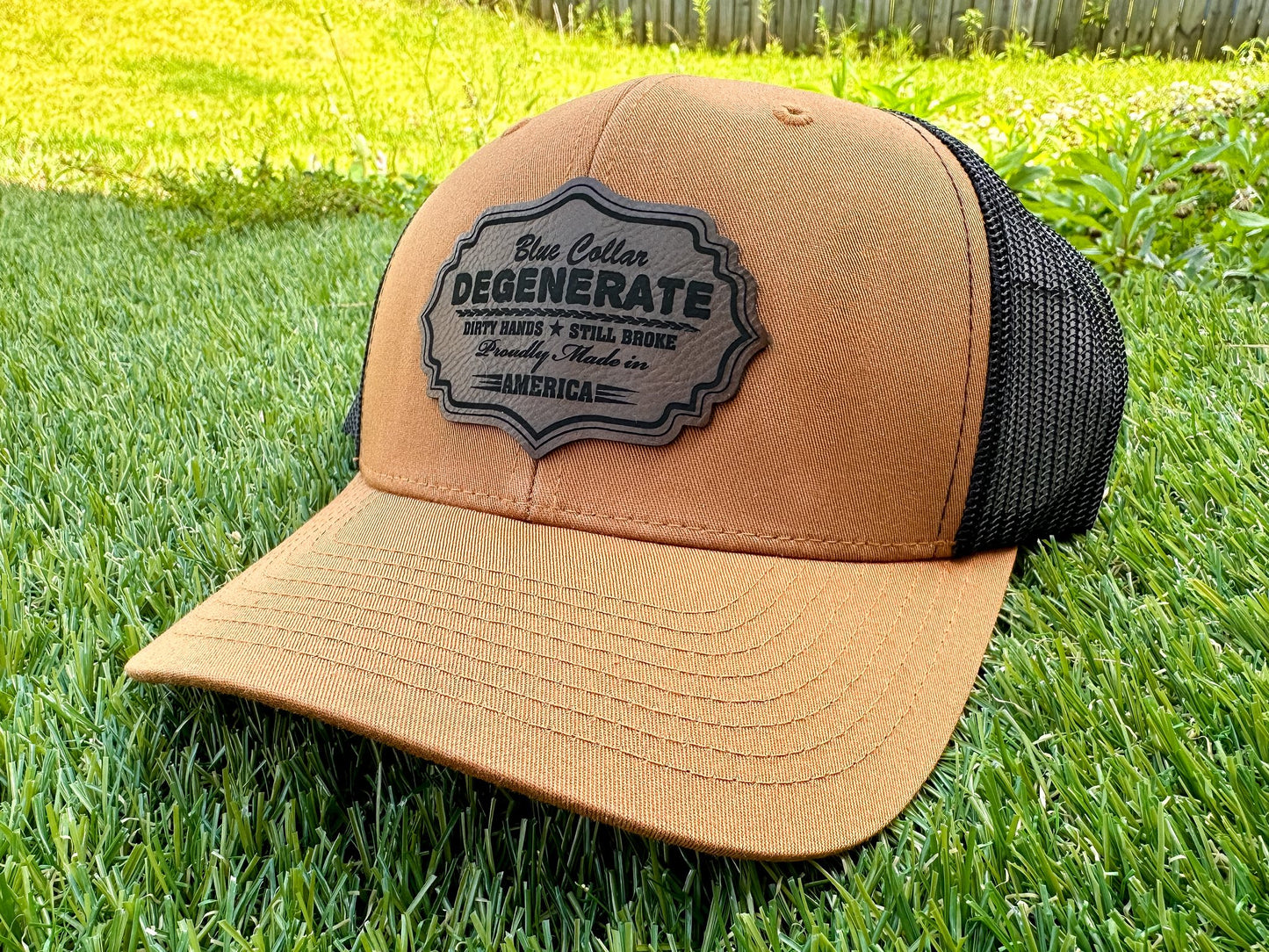 Men's Leather Engraved Patch Trucker Hat