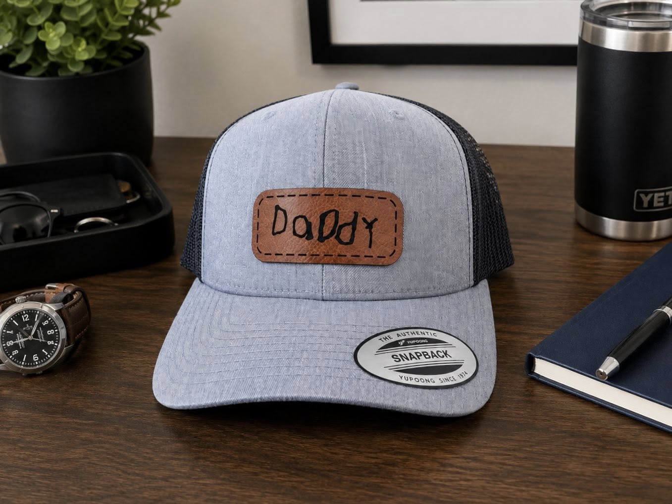 Men's Leather Engraved Patch Trucker Hat