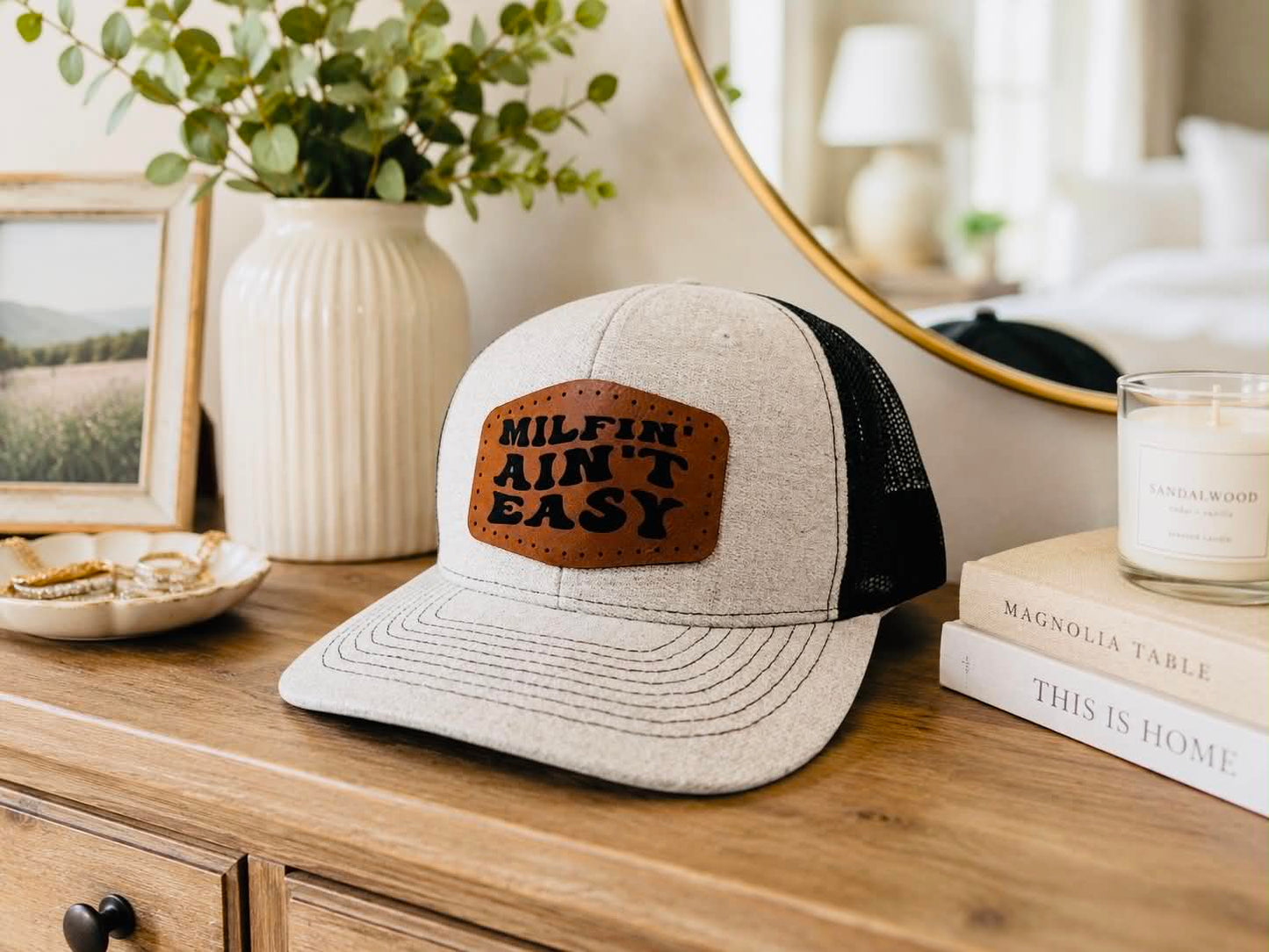Men's Leather Engraved Patch Trucker Hat