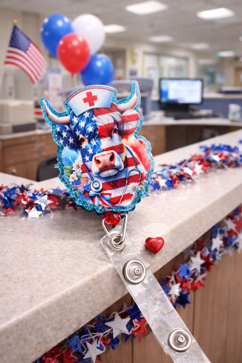 Patriotic Nurse Cow Badge Reel