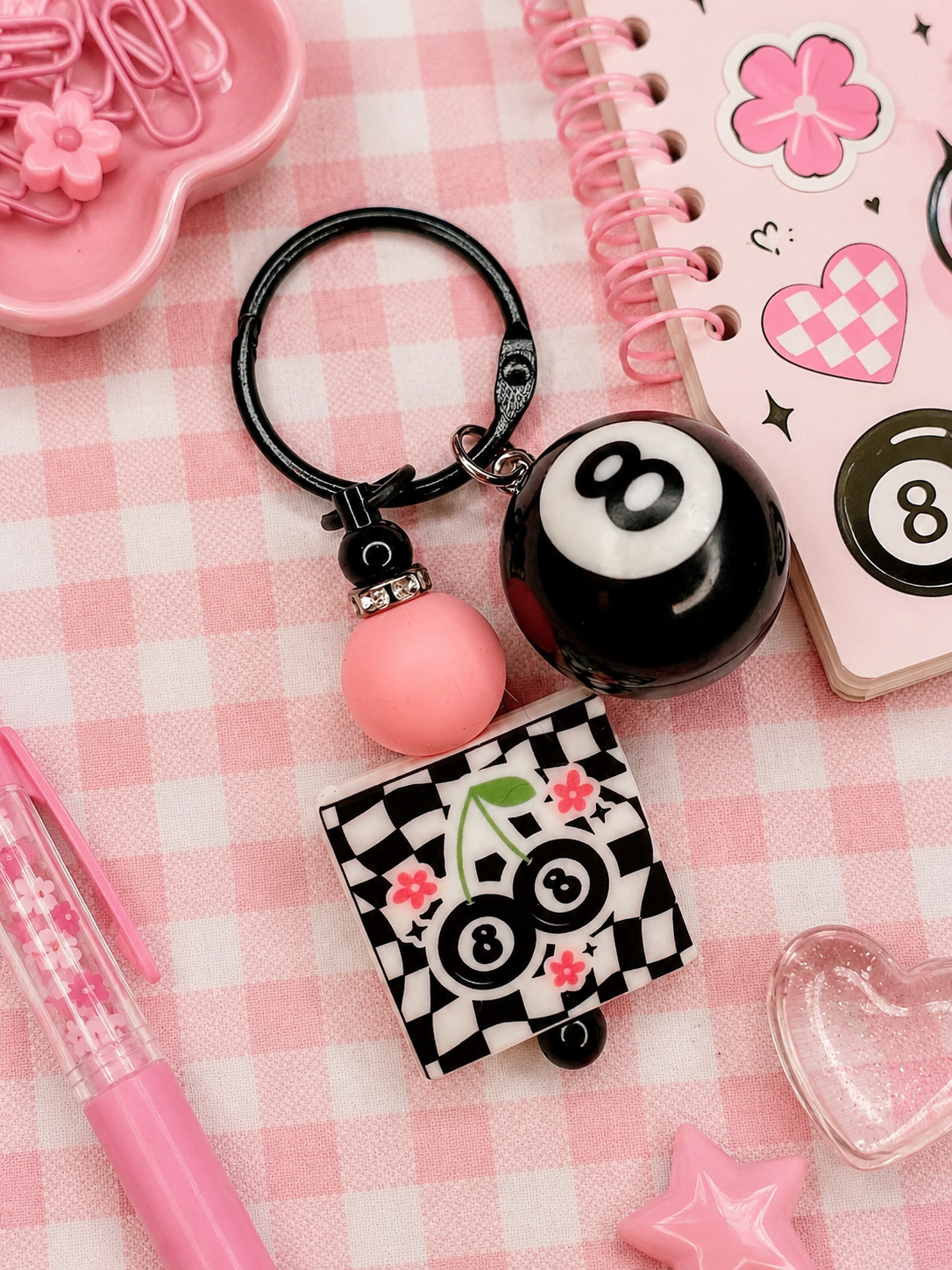 8 Ball Cherry Checkered Keychain/Tumbler Handle Charm