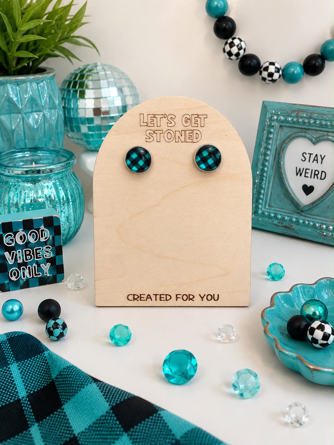 Teal/Black Checkered Studs